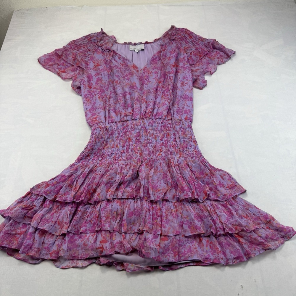 Gilner Farrar Womens M Purple Pink Floral Smocked Waist Ruffle Mini Dress